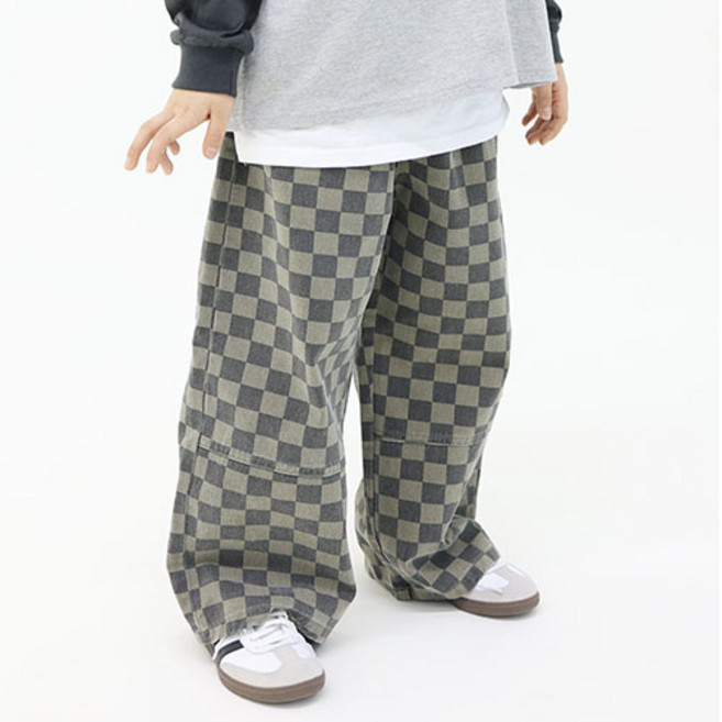 sonyun market 兒童生物水洗棋盤格印花開衩寬版棉褲