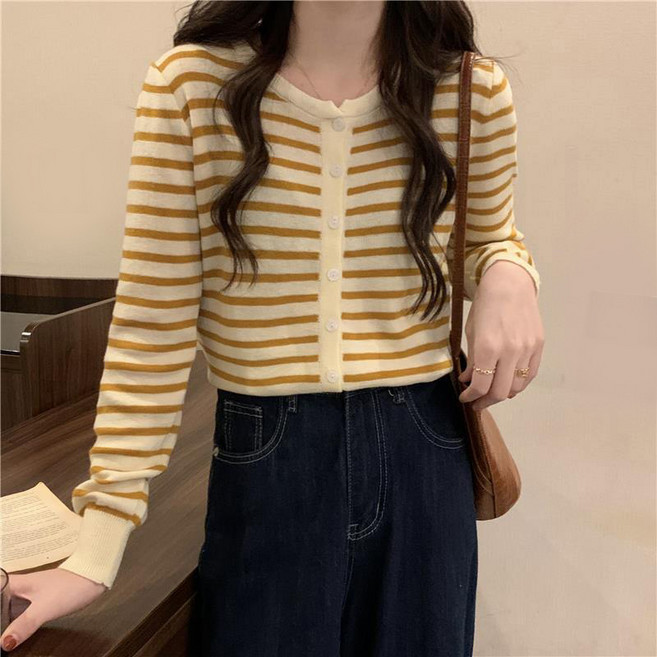 라라티나 여성용 다빈 라운드넥 칼라 스트라이프 가디건