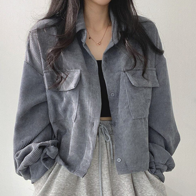 패션플로우 여성용 라펠 숏 코듀로이 포켓 캐주얼 셔츠 재킷
