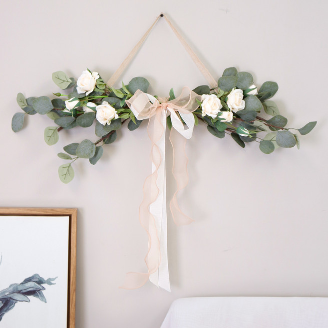 morningscent 玫瑰人造花環花圈, 白色