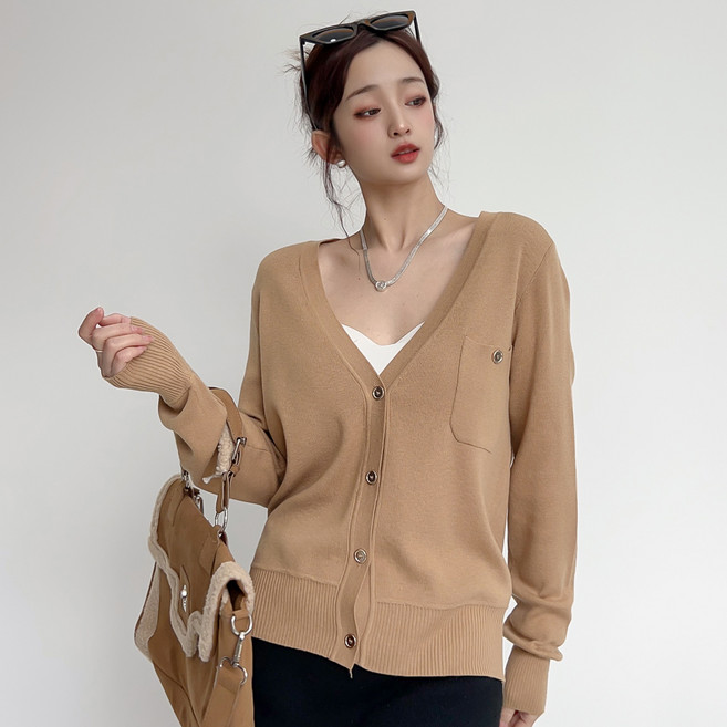 더시럽 여성용 얇은 브이넥 원포켓 니트 가디건