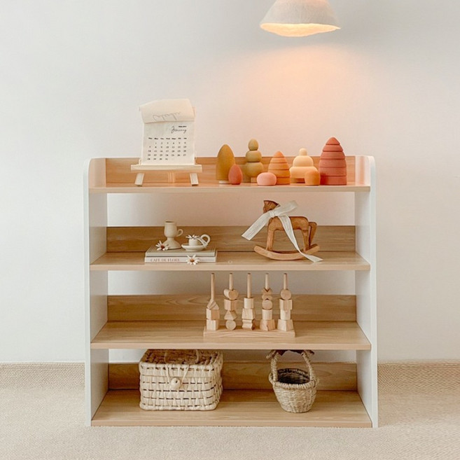 심플룸 어린이집 아기 유아 아이방 원목 낮은 교구장 4단, 오크 + 화이트