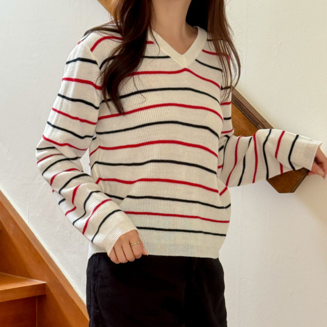 라라온 여성용 스트라이프 브이넥 니트 TSP2836