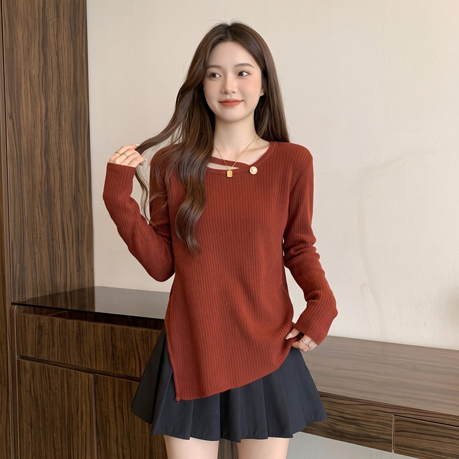 INFIOUS 女款側開衩不對稱針織衫 I263-0656