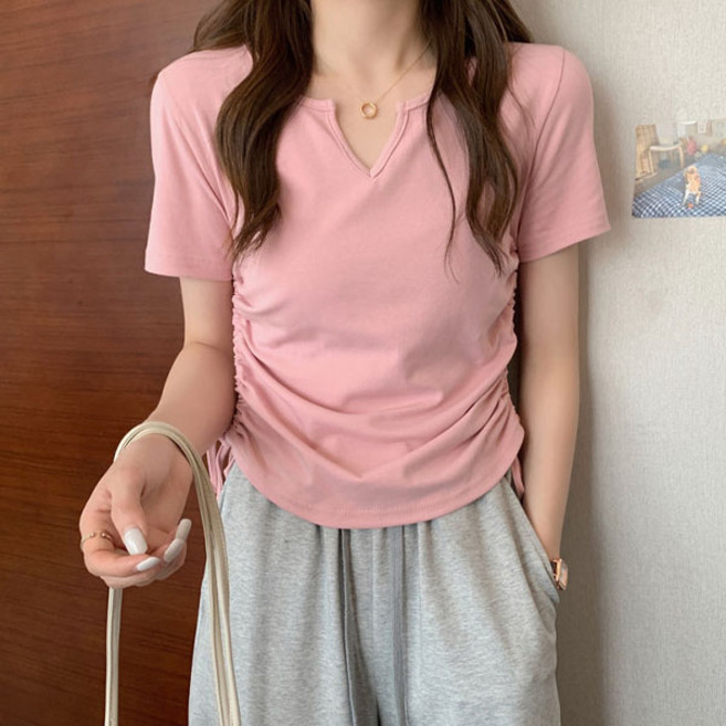 선빛 아델린 셔링 브이넥 반팔 티셔츠