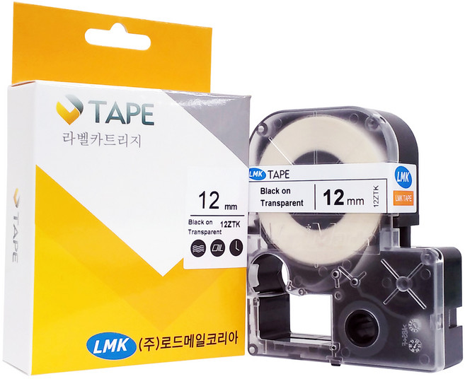 로드메일코리아 라벨테이프 카트리지 12ZTK, 12ZTK 투명바탕 검정글씨, 12mm