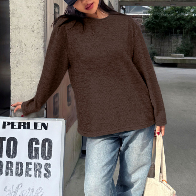 라라온 여성용 심플 라운드넥 루즈핏 긴팔 티셔츠 25TSP3421