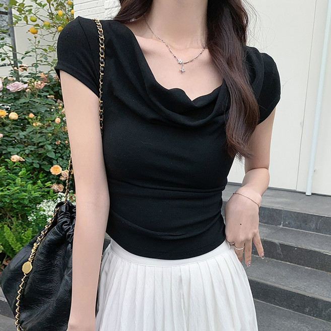타니즈 여성용 로코스 드레이프 언발 셔링 슬림핏 반팔 티셔츠