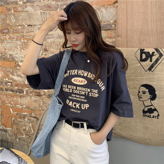 디멜디 여성용 오버핏 빈티지 감성 레트로 레터링 티셔츠