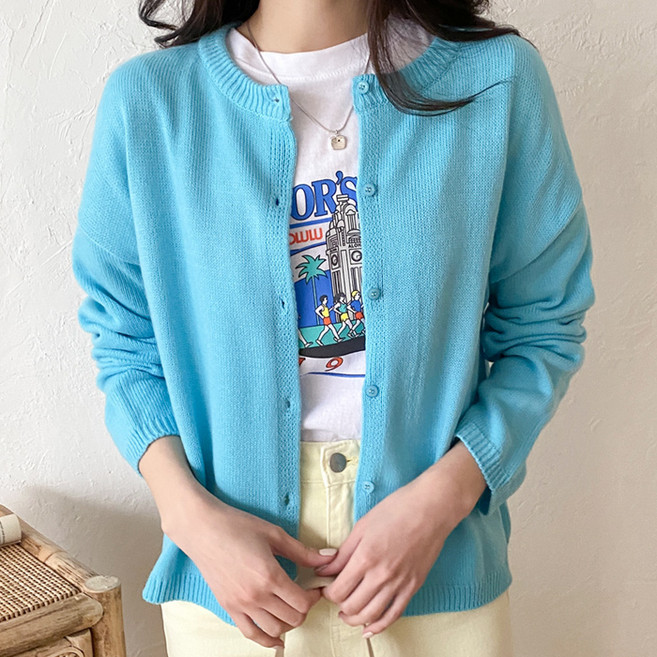 아모르데이 여성용 뉴모즈버튼 라운드 베이직 기본 심플 데일리 니트 버튼 가디건