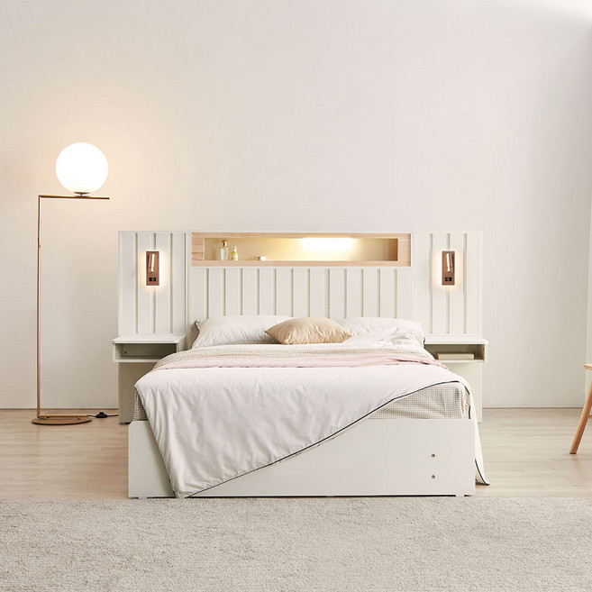 동서가구 그랑 편백 아트월 1단 3서랍 LED 수납침대 프레임 + 협탁 2P 세트 방문설치, 화이트내추럴