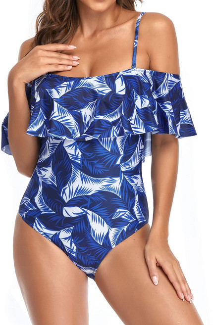 스타 프릴넥 오프숄더 수영복, 블루 + 깃털
