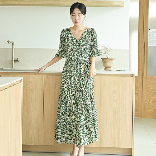 헤링본 반팔 브이넥 플라워 롱 비치원피스 빅사이즈 HH151