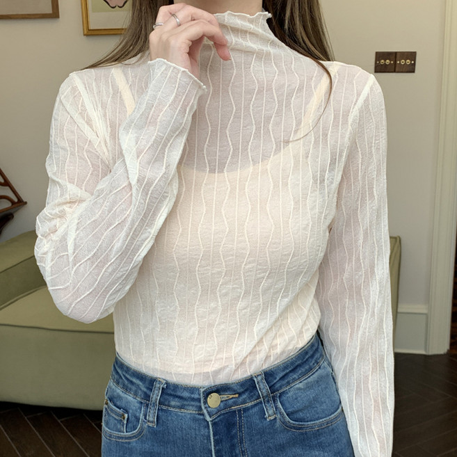 더시럽 여성용 물결 시스루 레이어드 목폴라 티셔츠