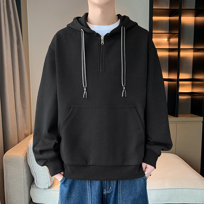 Starbean 男士壓紋圖案半拉鍊連帽T恤