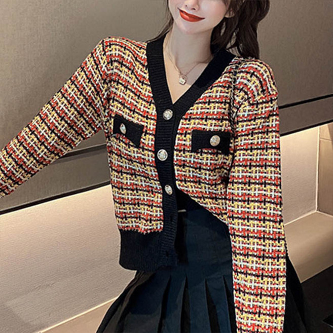 andstyle 女款撞色粗花呢拼接針織開襟衫 261484