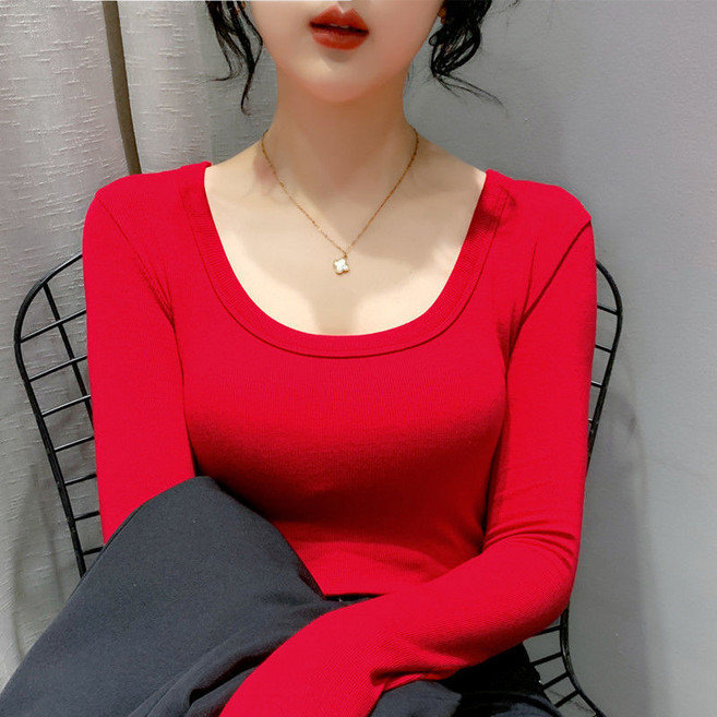 디멜디 여성용 미니멀무드 유넥 슬림라인 긴팔티셔츠