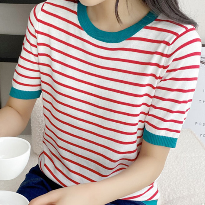 TheSirup 女款透氣下擺亮點配色常規短袖針織衫
