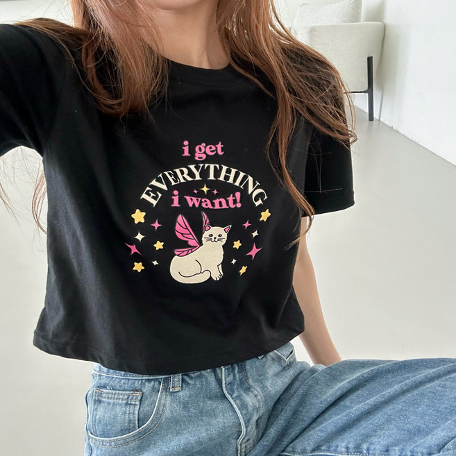 더매드문 여성용 통기성 엔젤캣 세미크롭 반팔 티셔츠