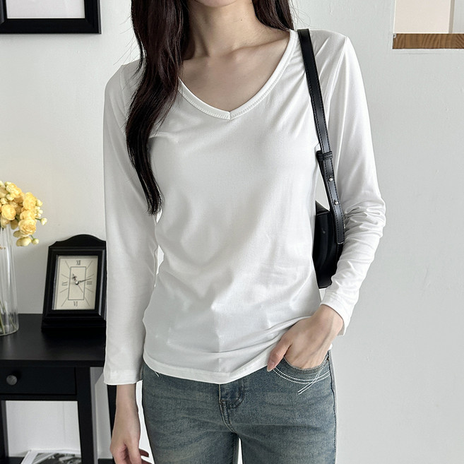 라라온 여성용 슬림핏 기본 브이넥 긴팔 무지 티셔츠 TSP2867