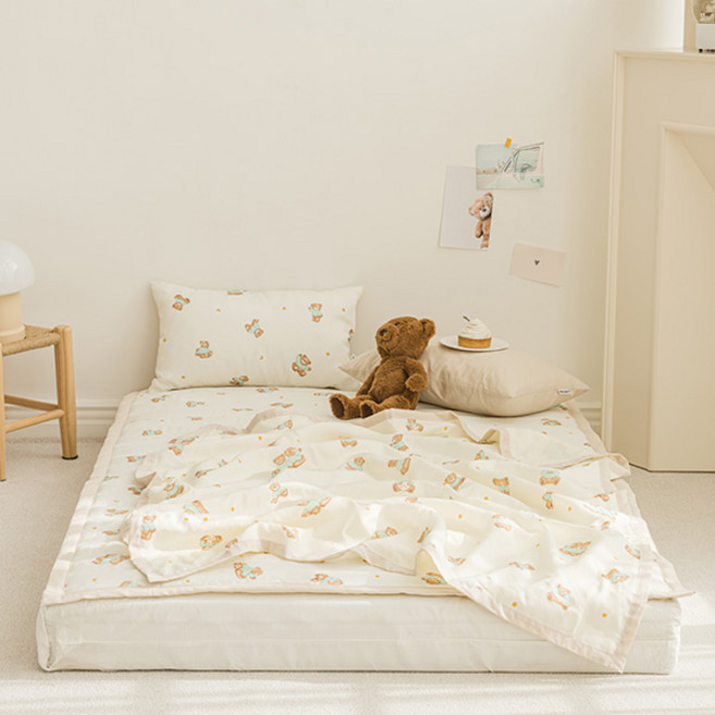 쉬즈홈 국내제조 유아용 인견 여름이불 + 베개 솜포함 세트, 테디베어 베이지