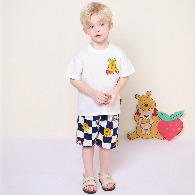 헤이미니 남아용 통기성 디즈니 위니더푸 베어체커보드 상하복 세트