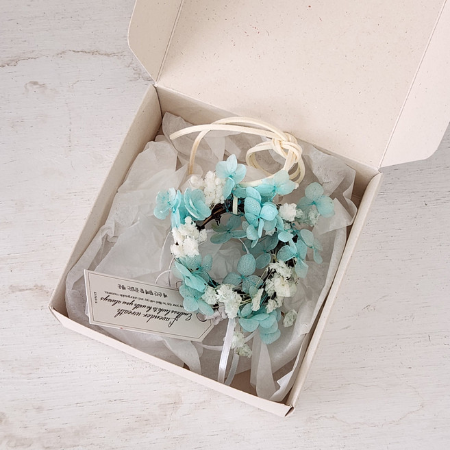 ASPASIA 永生花木質車用迷你花圈 + 禮物包裝組, 藍色