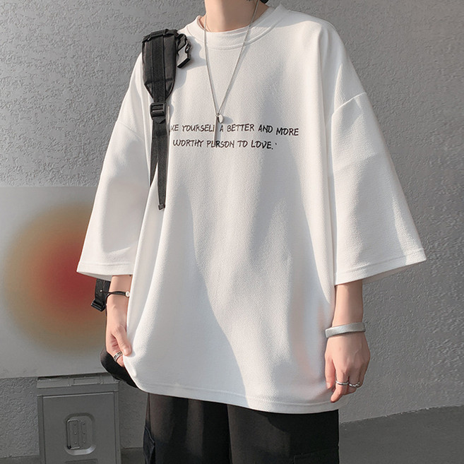 엘쏘 남녀공용 레터링 박시핏 라운드 7부 반팔 티셔츠