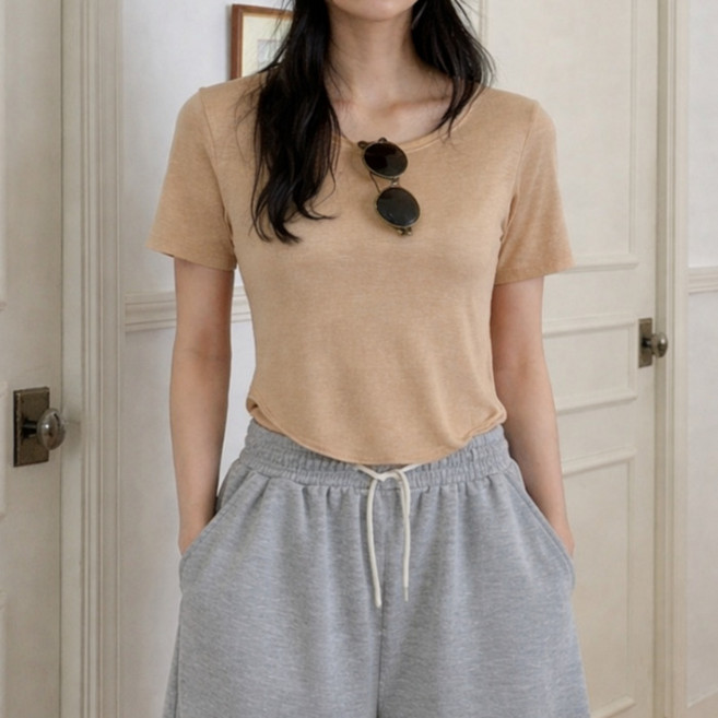 라라온 여성용 베이직 스판 반팔 무지 티셔츠 26TSP3827