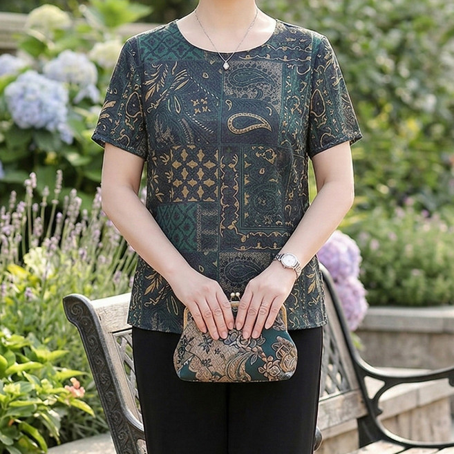 인피어스 중년 페이즐리 패턴 통기성 블라우스 I263-0146G