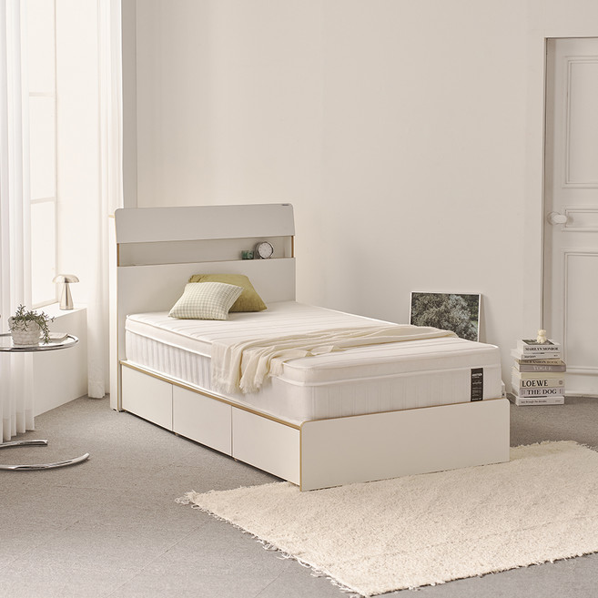 에몬스 레스티어 BD LED 수납 침대 프레임 + 본넬 스프링 유로탑 매트리스 세트 방문설치, 밀크화이트