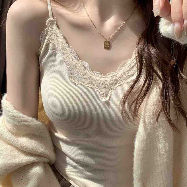 라라티나 여성용 재스터 브이넥 레이스 골지 이너 브라패드포함 끈나시