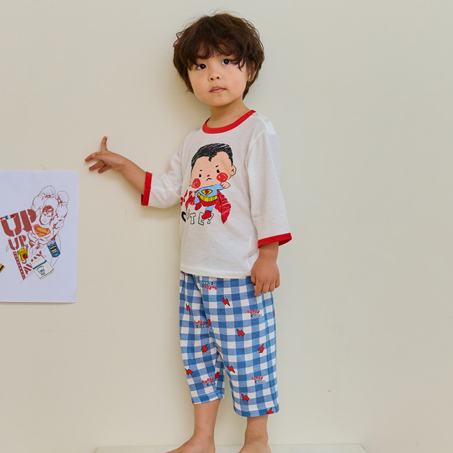 올로미미 키즈라인 아동용 자카드 슈퍼큐트 7부 실내복 세트