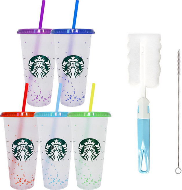 STARBUCKS 星巴克 夏日繽紛變色可重複使用冷飲杯5件組 + 清潔刷組, 混合(冷飲杯), 隨機出貨(清潔刷), 710ml, 1套