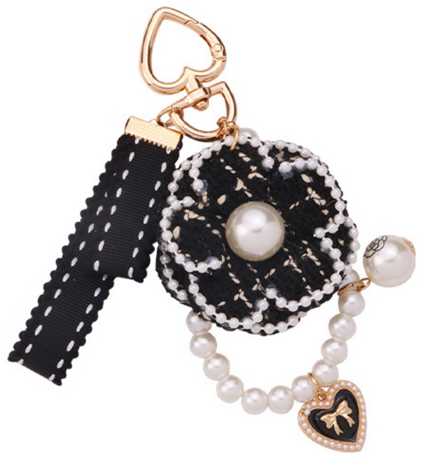 워너프 플라워 니트 진주 스트랩 키링, 블랙, 1개