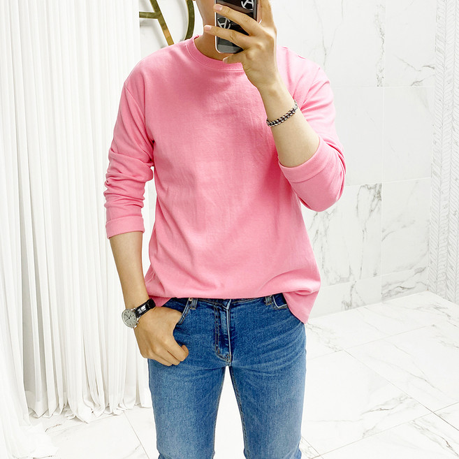 아도르클래식 남성용 통기성 부드러운 면 스판 기본 라운드 긴팔 티셔츠