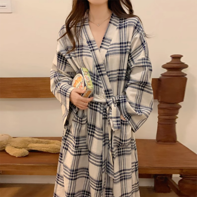 PEONIST 女性睡眠格紋圖案長款浴袍