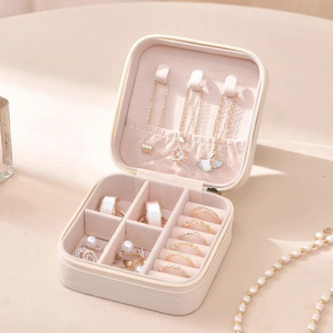 사각 휴대용 주얼리 목걸이 반지 보석함, 아이보리, 1개