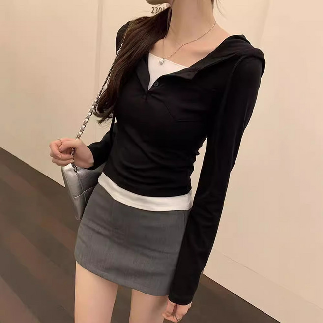 더플로우커머스 여성용 캐주얼 시크 슬림 핏 버튼 후드 티셔츠