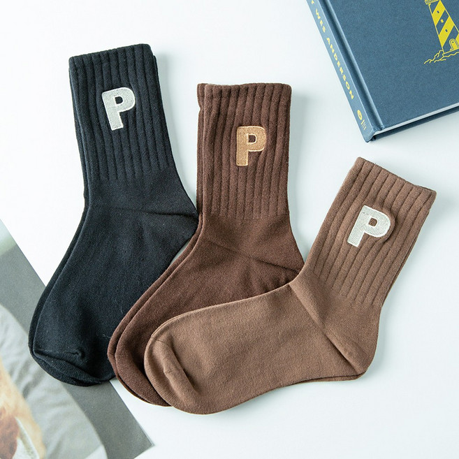 노이드비 여성용 쫀쫀한 골지 장목 마크P 양말 3켤레 세트