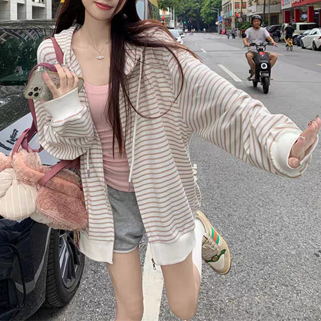 피어니스트 스트라이프 후드 루즈핏 긴팔 탑집업