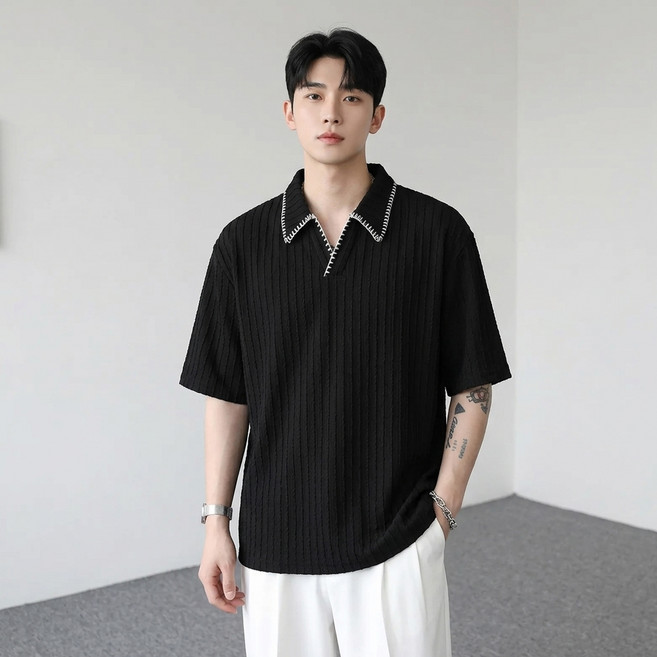 인피어스 남성용 브이넥 얇은 반팔 니트 I263-406