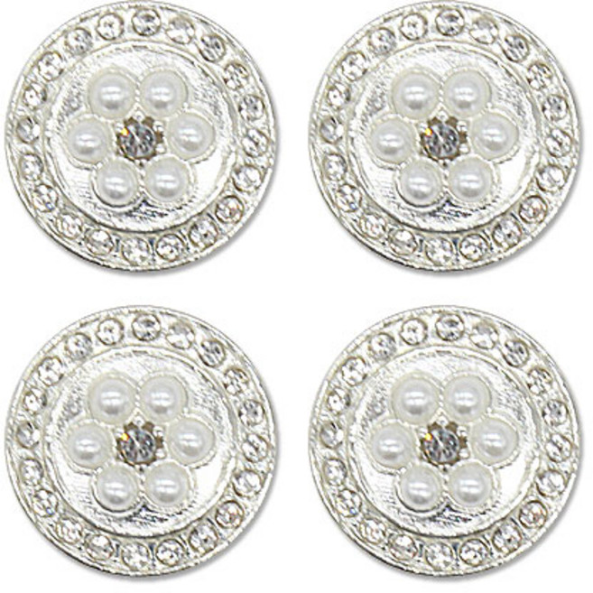 미니 큐빅 진주 보석 단추 메리실버 15mm, 화이트니켈, 4개