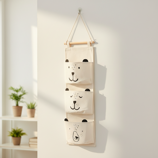 조인메이드 곰 침대 옆 도어 패브릭 방수 가방 보관 벽걸이 수납 포켓, 화이트
