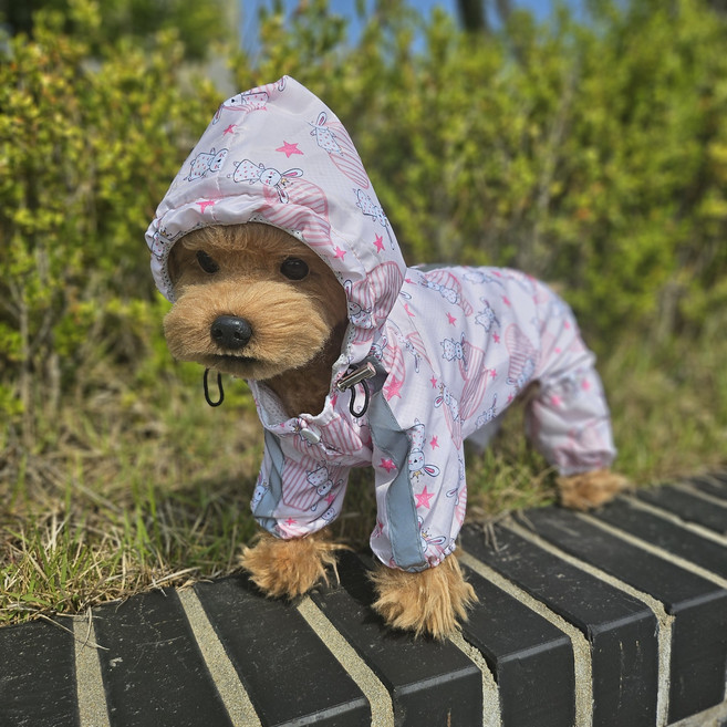 바이굄 강아지 프린팅 올인원 우비 판초 레인코트, 핑크 토끼, 1개