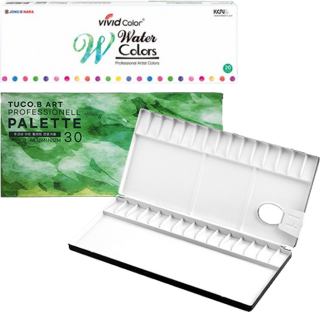투코비 프리미엄 알루미늄 미술용 팔레트 + 종이나라 비비드컬러 수채화 물감 20종 x 7.5ml 세트, 30칸, 1세트
