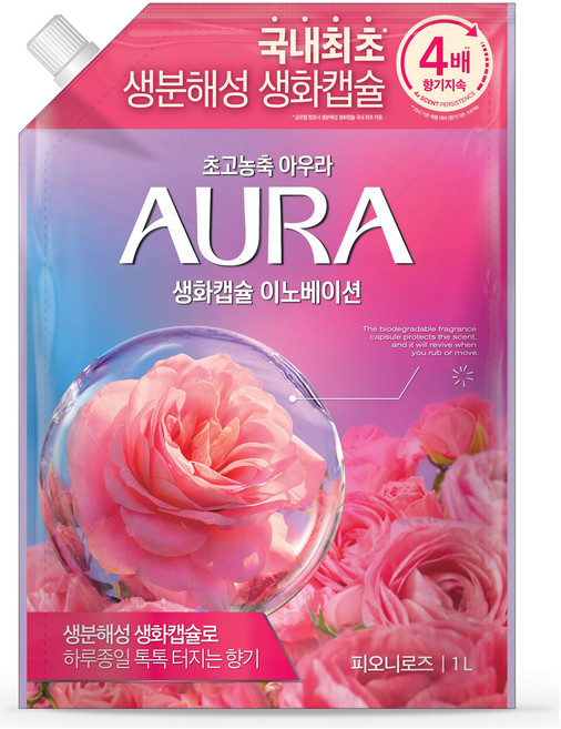 AURA 생화캡슐 섬유유연제 피오니로즈 리필, 1L, 1개입, 1개