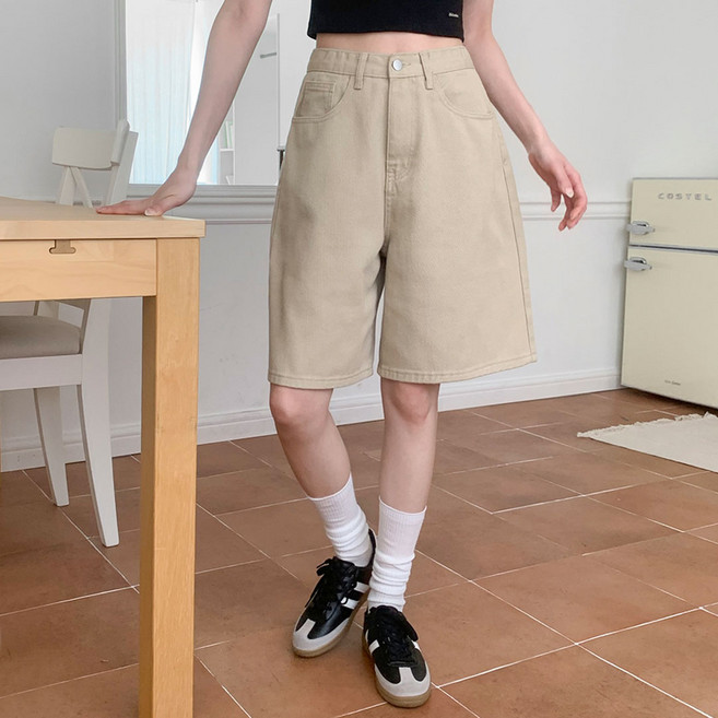 플랜데이 여성용 숏/미디움 기장 필렌 뒷비죠 버뮤다 코튼팬츠