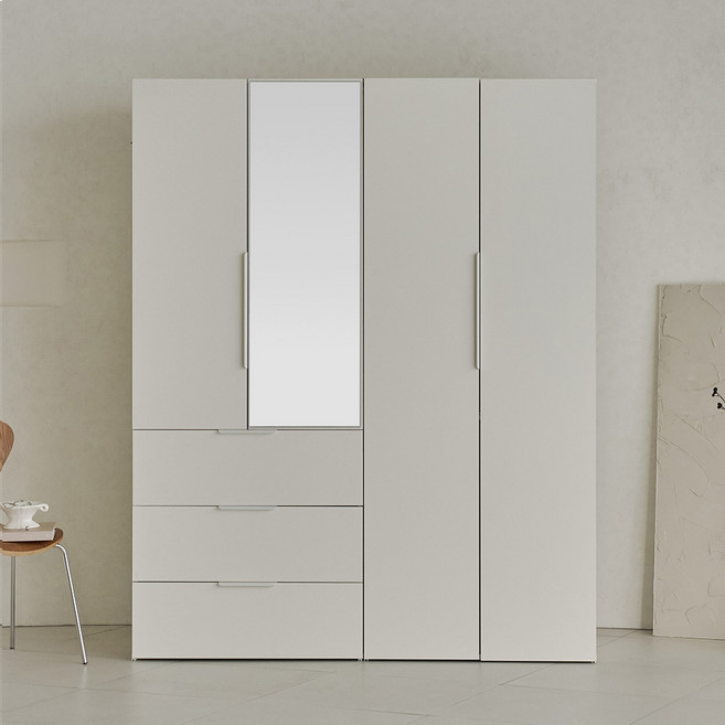 웰퍼니쳐 카린 2단 행거형 + 3단 거울서랍형 높은 옷장 세트 방문설치, 매트 아이보리