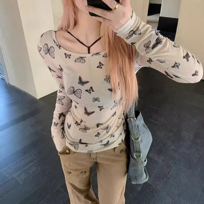 플로우폼 여성용 나비 프린트 트렌디 시스루 슬림핏 여름 티셔츠